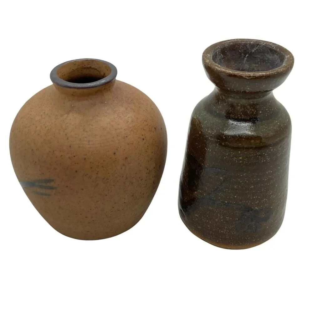 Mini Vases Set Of Two Beige Brown Ceramic Portable Signed Mid Century Charming - Picture 2 of 12